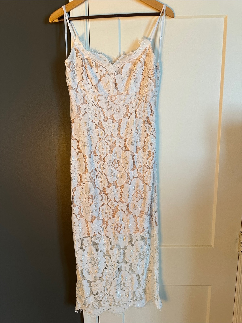 Lulu's White Floral Lace Slip Midi Dress with Spaghetti Straps